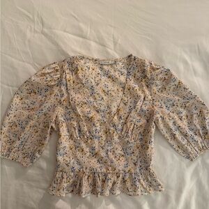 Floral V-Neck Blouse - Cream and Blue